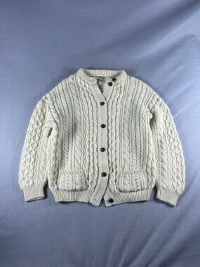 Vintage Cladyknit Cardigan Mens M Cream Wool Irish Aran Cable Knit Rib Sweater